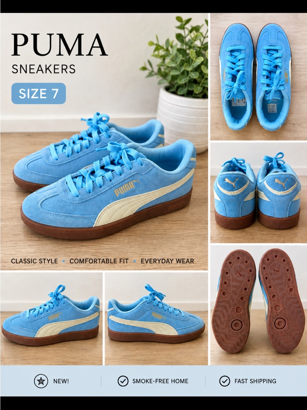 Puma Women’s Suede Sneakers in Bright Light Blue with Cream Stripe